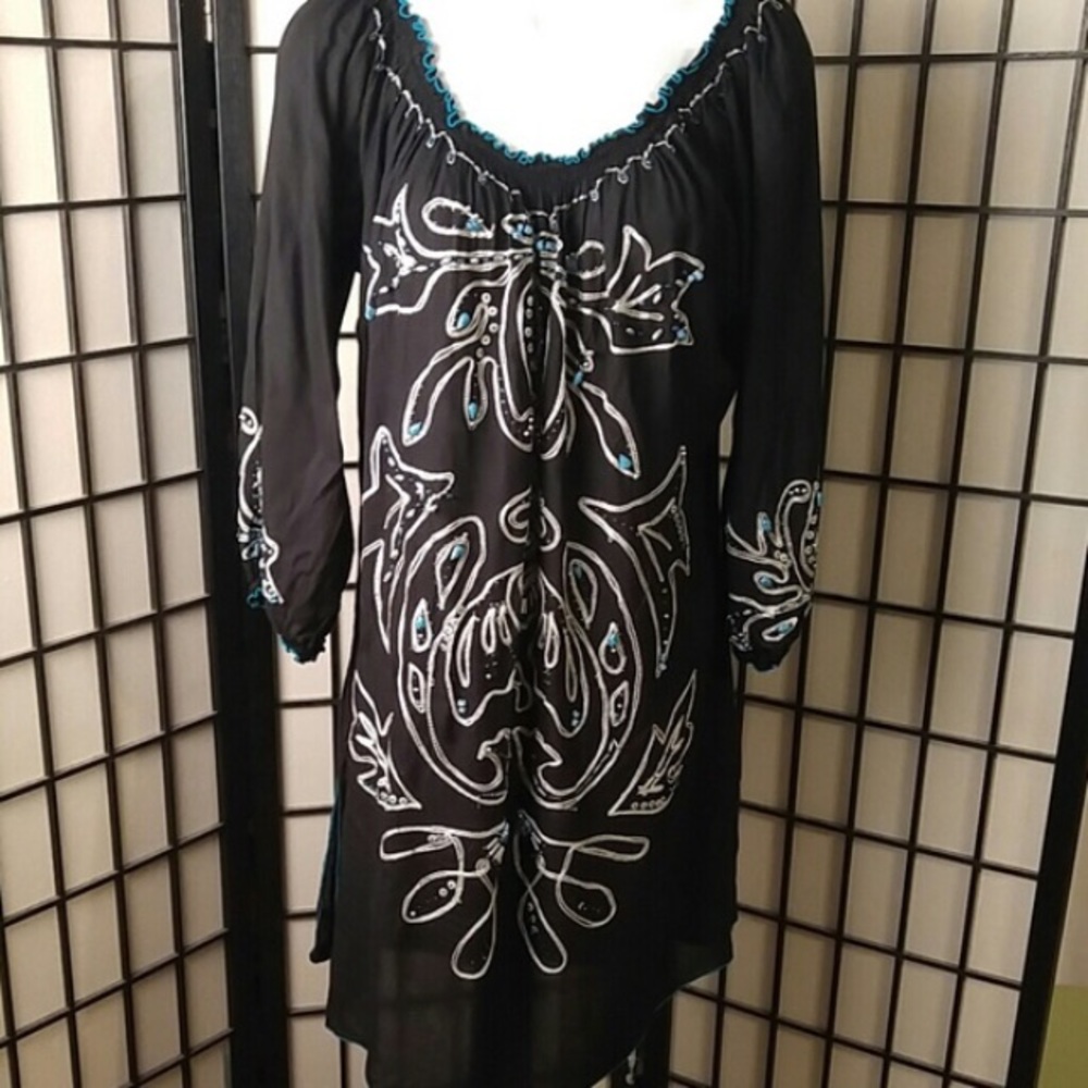 KRISTA LEE black cotton beaded shift tunic L